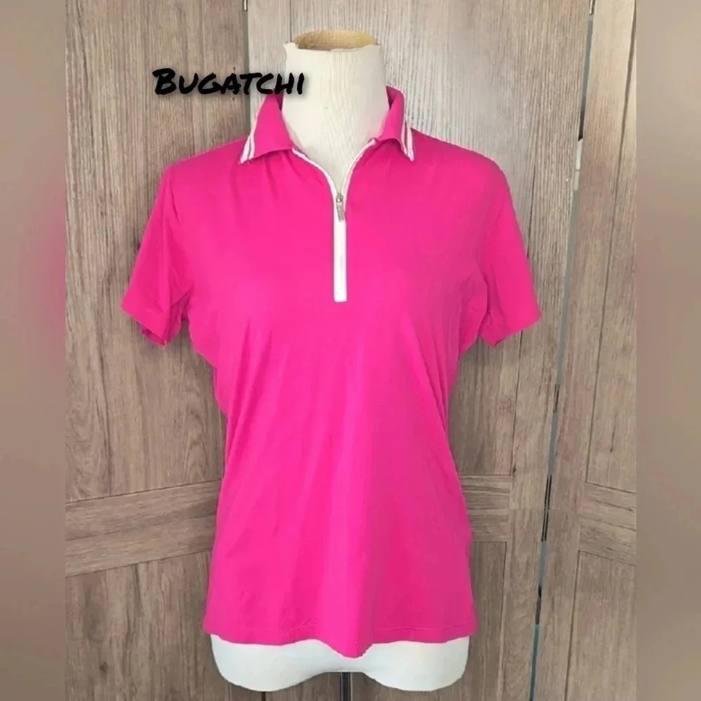 Bugatchi Women's Quaterzip Pink Polo Golf Tennis Shirt